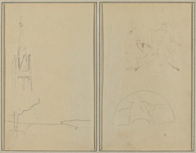 Torre de la iglesia; Un boceto de un abanico [recto] de Paul Gauguin