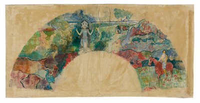 Diseño para un abanico con un paisaje y una estatua de la diosa Hina de Paul Gauguin