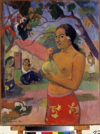 ""Eu haere ia oe"" ¿Adónde vas? (Mujer sosteniendo una fruta. ¿Adónde vas?) (Mujer tahitiana sosteniendo una fruta) Pintura de Paul Gauguin (1848-1903). Óleo sobre tela. Post impresionismo. 1893. Dim. 92 x 73 cm Museo del Hermitage, San Petersburgo (Saint- de Paul Gauguin