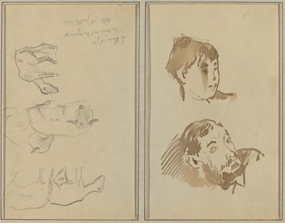 Cinco ovejas; cabeza de una mujer y cabeza de un hombre con barba (recto) de Paul Gauguin