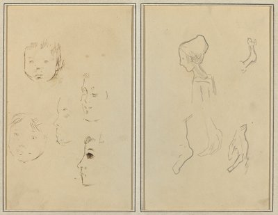 Cinco estudios de cabezas; Un niño de perfil con estudios de manos y pies (verso) de Paul Gauguin