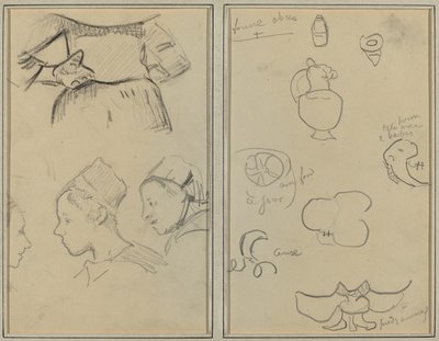 Cuatro estudios de mujeres bretonas; Formas y jarrones [verso] de Paul Gauguin