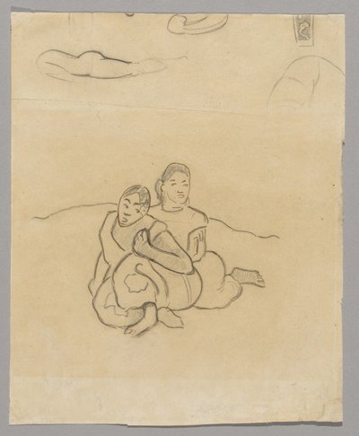 Fragmentos de cuerpos, un diseño decorativo y dos mujeres tahitianas agachadas en un paisaje relacionado con Nafea Faaipoipo de Paul Gauguin