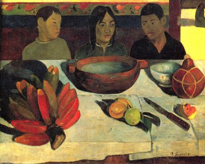 En francés:  Le repas (Les bananes) La comida (Los plátanos) de Paul Gauguin