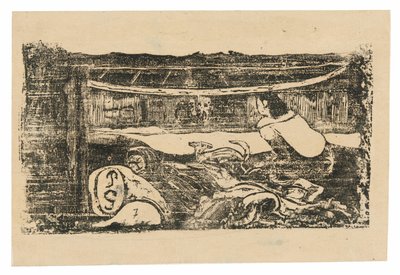 Interior de una cabaña tahitiana, de la serie de grabados en madera tardíos de Paul Gauguin
