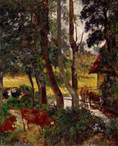 Paisaje en Bretaña - Vacas en un abrevadero de Paul Gauguin