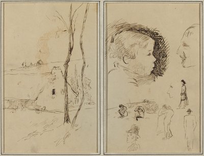 Paisaje con una cabaña; perfil de niño, perfil de hombre, dos mujeres en un paisaje y otros cinco estudios [verso] de Paul Gauguin
