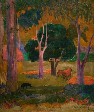 Paisaje con cerdo y caballo de Paul Gauguin