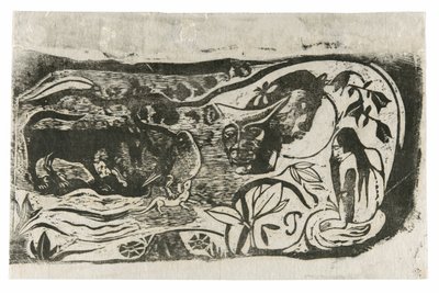 Plato con la cabeza de un diablo con cuernos, de la Suite de Grabados en Madera Tardíos de Paul Gauguin