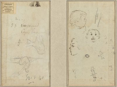 Figura sentada y una vaca; Tres estudios de la cabeza de un niño de Paul Gauguin