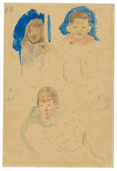 Bocetos de niños, una mujer y perfiles (recto), bocetos de caballos y niño (verso) de Paul Gauguin