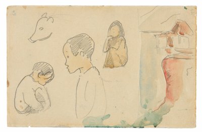 Bocetos de figuras agachadas y de pie, un cerdo y una cabaña al borde del agua de Paul Gauguin