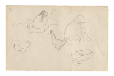 Bocetos de figuras sentadas y gallinas (recto), torso femenino desnudo (relacionado con la pintura Te a no areois [La semilla de los Areoi]) (verso), del Carnet de Tahití (cuaderno de bocetos tahitiano) de Paul Gauguin