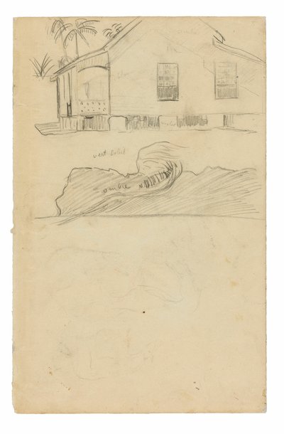 Bocetos de residencia tahitiana con anotaciones de color y perros de Paul Gauguin
