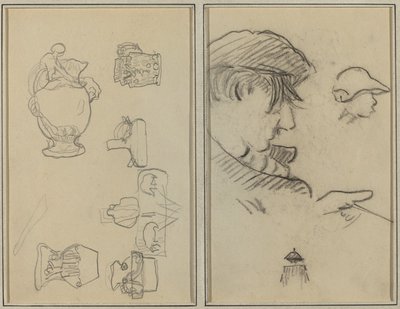 Estudios de Jarras y Jarrones; Un Hombre con Bigote y un Niño con Sombrero [recto] de Paul Gauguin