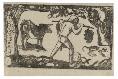 Tahitiano llevando plátanos, de la suite de grabados en madera tardíos de Paul Gauguin