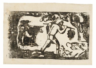 Tahitiano llevando plátanos, de la Suite de Grabados en Madera Tardíos de Paul Gauguin