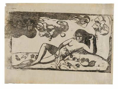 Te arii vahine-opoi (Mujer con mangos-cansada), de la serie de grabados tardíos en madera de Paul Gauguin