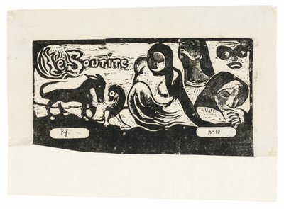 Tres personas, una máscara, un zorro y un pájaro, cabecera para Le sourire de Paul Gauguin