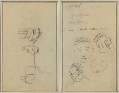 Dos figuras y un banco; tres estudios de cabezas de hombres y uno de una mano de Paul Gauguin