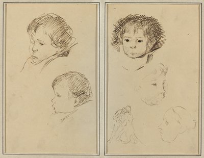 Dos estudios de la cabeza de un niño; dos estudios de la cabeza de un niño, una mujer de perfil y un hombre luchando con un animal de Paul Gauguin