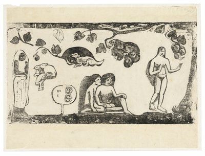 Mujeres, animales y follaje, de la Suite de Grabados en Madera Tardíos de Paul Gauguin