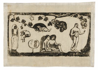 Mujeres, animales y follaje, de la serie de grabados en madera tardíos de Paul Gauguin
