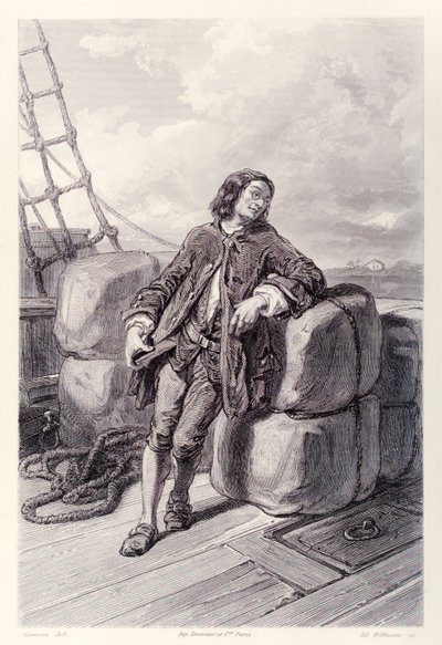 El capitán Lemuel Gulliver en el mar en su barco mercante, de la edición francesa de Los viajes de Gulliver de Jonathan Swift de Paul Gavarni