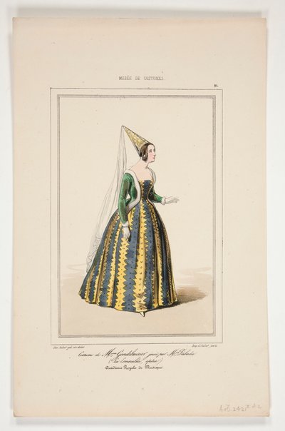 Traje de Mme Gondelaurier, interpretada por Mme Dabadier. de Paul Gavarni