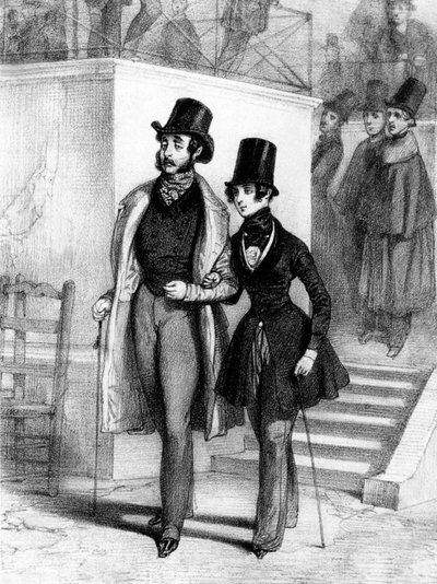 George Sand (dcha.) vestida de estudiante, y su amante Jules Sandeau en París, hacia 1831, grabado de Paul Gavarni (1804-1866) de Paul Gavarni