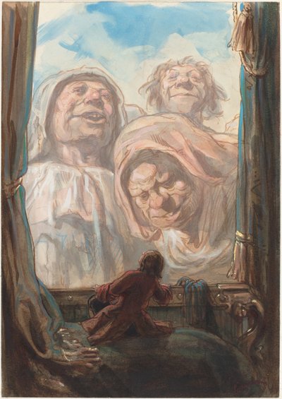 Gulliver asombrado por tres mendigos gigantes en la tierra de Brobdingnag de Paul Gavarni