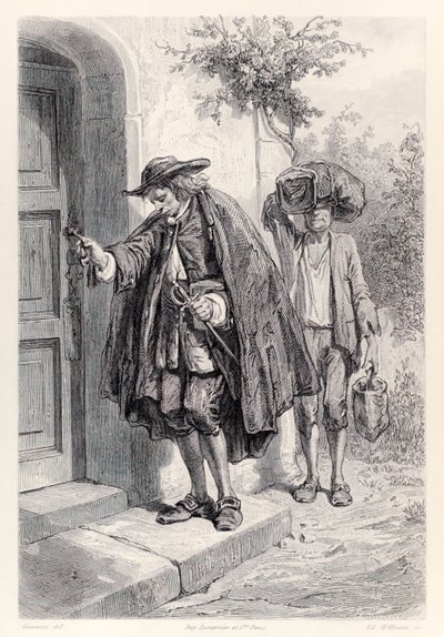 Gulliver llega a casa a las tres de la tarde y entra en la casa, de la edición francesa de Los viajes de Gulliver de Jonathan Swift de Paul Gavarni