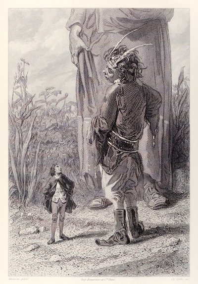 Gulliver conoce al enano de 30 pies de la Reina que está encantado de tener a alguien en la corte más pequeño que él para atormentar, de la edición francesa de Los viajes de Gulliver de Jonathan Swift de Paul Gavarni