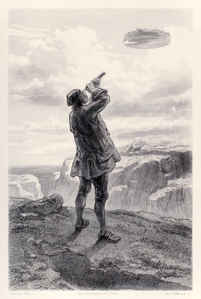 Gulliver ve la isla voladora Laputa por primera vez y la examina a través de su telescopio, de la edición francesa de Los viajes de Gulliver de Jonathan Swift de Paul Gavarni