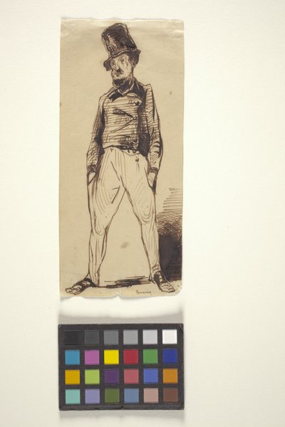 Hombre con las manos en los bolsillos (bolígrafo y tinta sobre papel blanco hueso) de Paul Gavarni