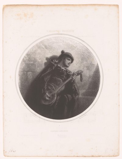 Hombre con banjo canta y toca una serenata Serenade Espagnole (título sobre objeto) Ilustraciones de las canciones de Jeanne Gavarni (título de la serie) Ilustraciones des Mélodies de Madame Jeanne Gavarni (título de la serie) de Paul Gavarni