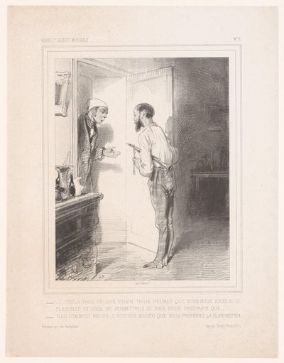 Hombre se dirige a su vecino con flageolet Voilà trois heures voisin (...) (título sobre objeto) de Paul Gavarni