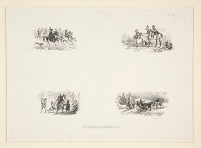 Cuatro temas: Una cabalgata; Cuatro niños; una campesina cargando a un niño pequeño; Viajeros de Paul Gavarni