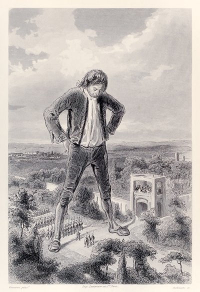 El ejército de Lilliput marcha entre las piernas de Gulliver, de la edición francesa de Los viajes de Gulliver de Jonathan Swift de Paul Gavarni