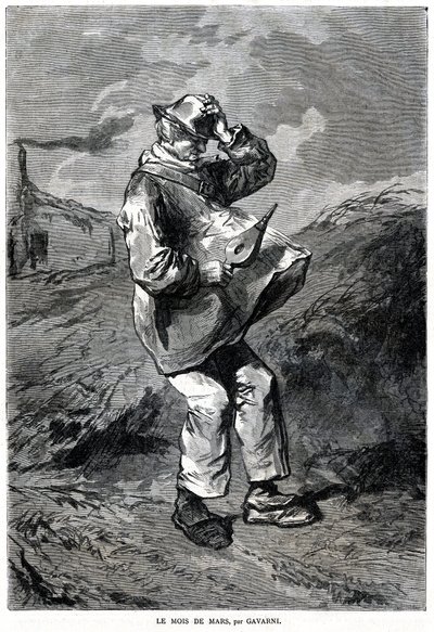 El mes de marzo: representación de un hombre sosteniendo un fuelle en una mano y su sombrero en la otra, su ropa levantada por el soplo del viento de Paul Gavarni