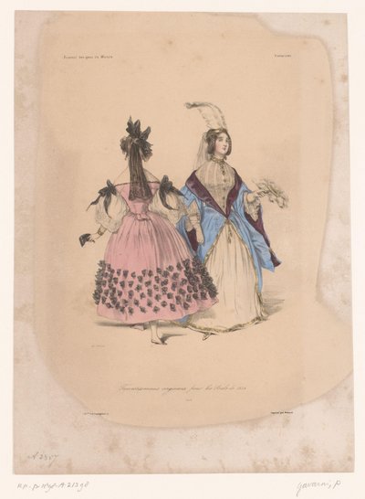 Dos mujeres en vestidos de fiesta Travestissemens originaux pour les Bals de 1834 (título sobre el objeto) Ropa imaginativa (título de la serie) Fantasías (título de la serie sobre el objeto) de Paul Gavarni
