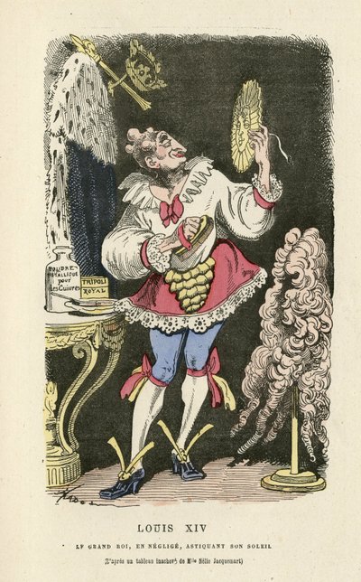 Ilustración de Hadol (1835-1875) en Histoire de France tintamarresque, ca. 1880 - Maquillaje, Antiguo régimen, Sol, Peluca - Luis XIV de Paul Hadol