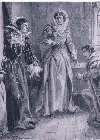 La Reina María Isabel y Courtenay: Responderé a esa pregunta, gritó María apartando el tapiz, ilustración de La Biblioteca Mundial de los Mejores Libros, c.1940 de Paul Hardy