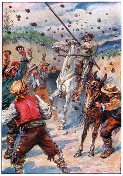 Apedrearon a Don Quijote con una lluvia de piedras, ilustración de 
