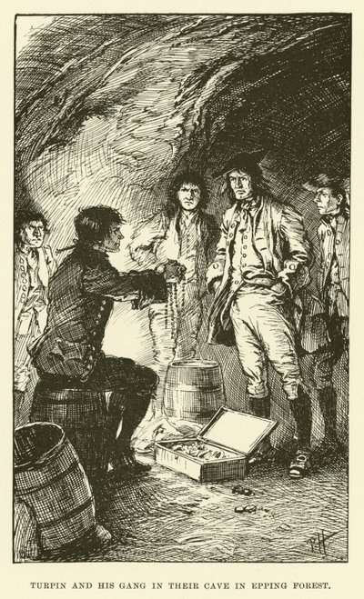 Turpin y su banda en su cueva en el bosque de Epping (grabado) de Paul Hardy