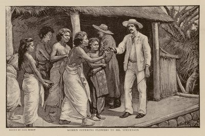 Mujeres ofreciendo flores a Robert Louis Stevenson (grabado) de Paul Hardy