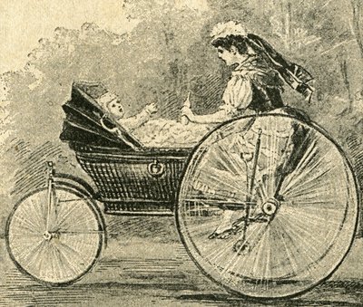 Kinder-Waerterin " (niñera) , ilustración de Paul Heydel, un cochecito va como una bicicleta, de la revista Ueber Land und Meer. Deutsche Illustrirte Zeitung ". de Paul Heydel