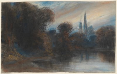 Una Abadía junto a un Lago Boscoso al Atardecer de Paul Huet