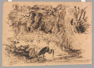 Piscina en el bosque con garza de Paul Huet
