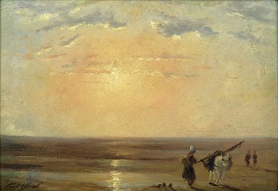 La playa de Trouville con sol poniente de Paul Huet
